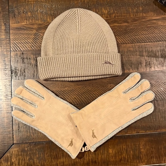 NEW❄️Tommy Bahama Merino Wool Blend Tan Hat Genuine Leather Gloves set S/M $120 - Picture 2 of 12